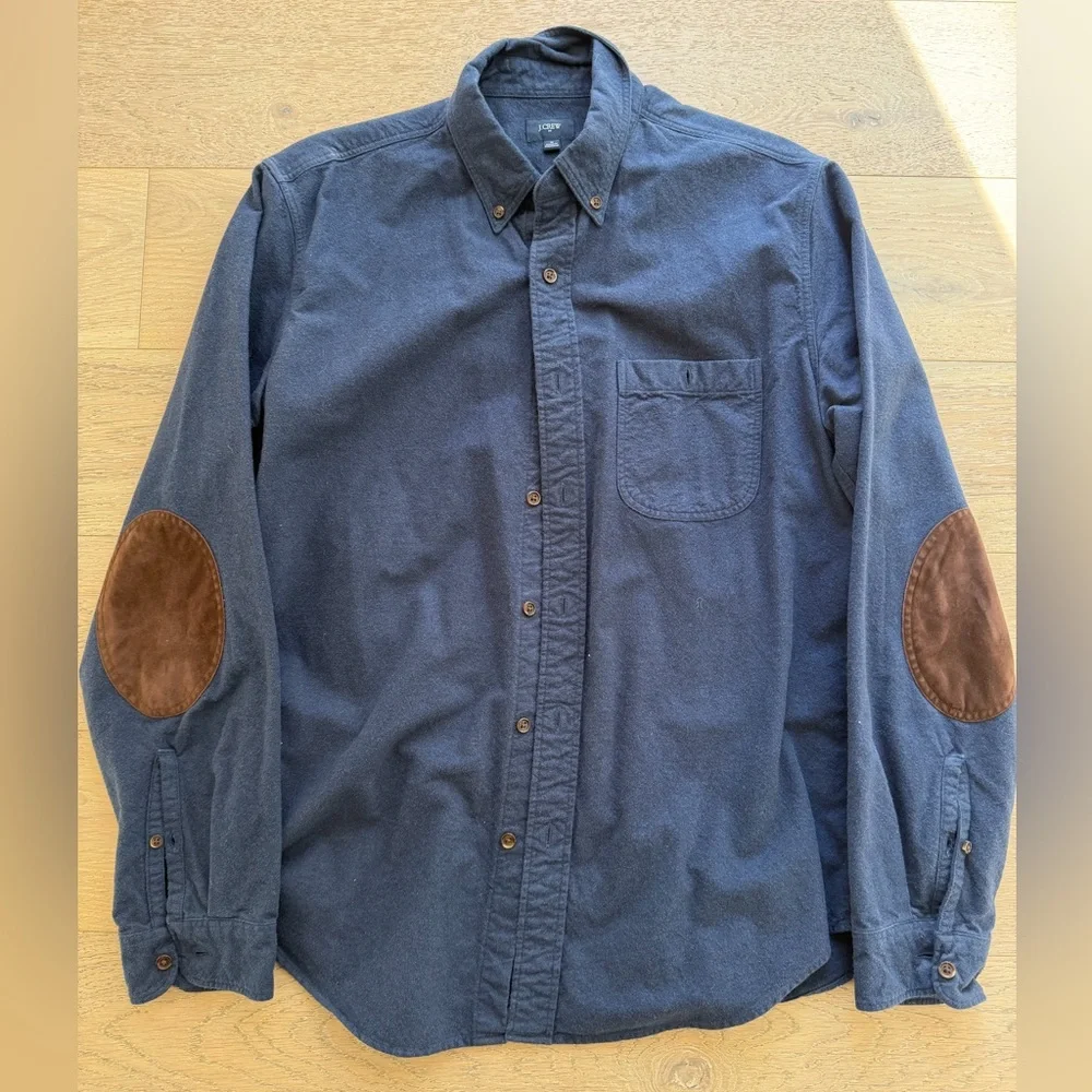 J. Crew Men’s Flannel Button Down Shirt Small Navy Blue with Suede Elbow Patches